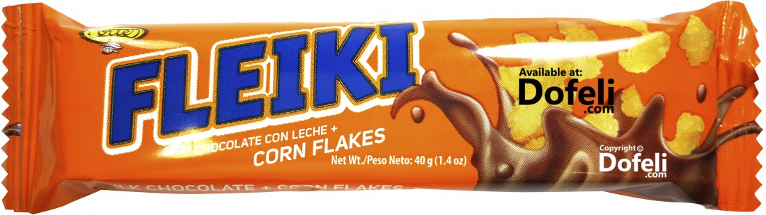 Fleiki Dominican milk chocolate bar with corn flakes, crafted by Cortés Hermanos with authentic Dominican Republic cacao flavor.
